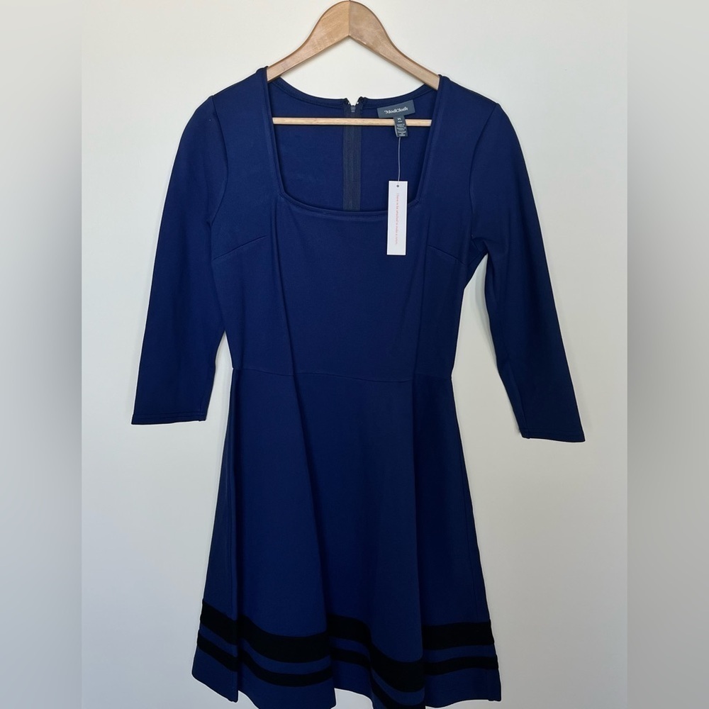 ModCloth Women’s Navy Blue Fit & Flare Dress 3/4 Sleeve Striped Hem Size Medium - Picture 3 of 9